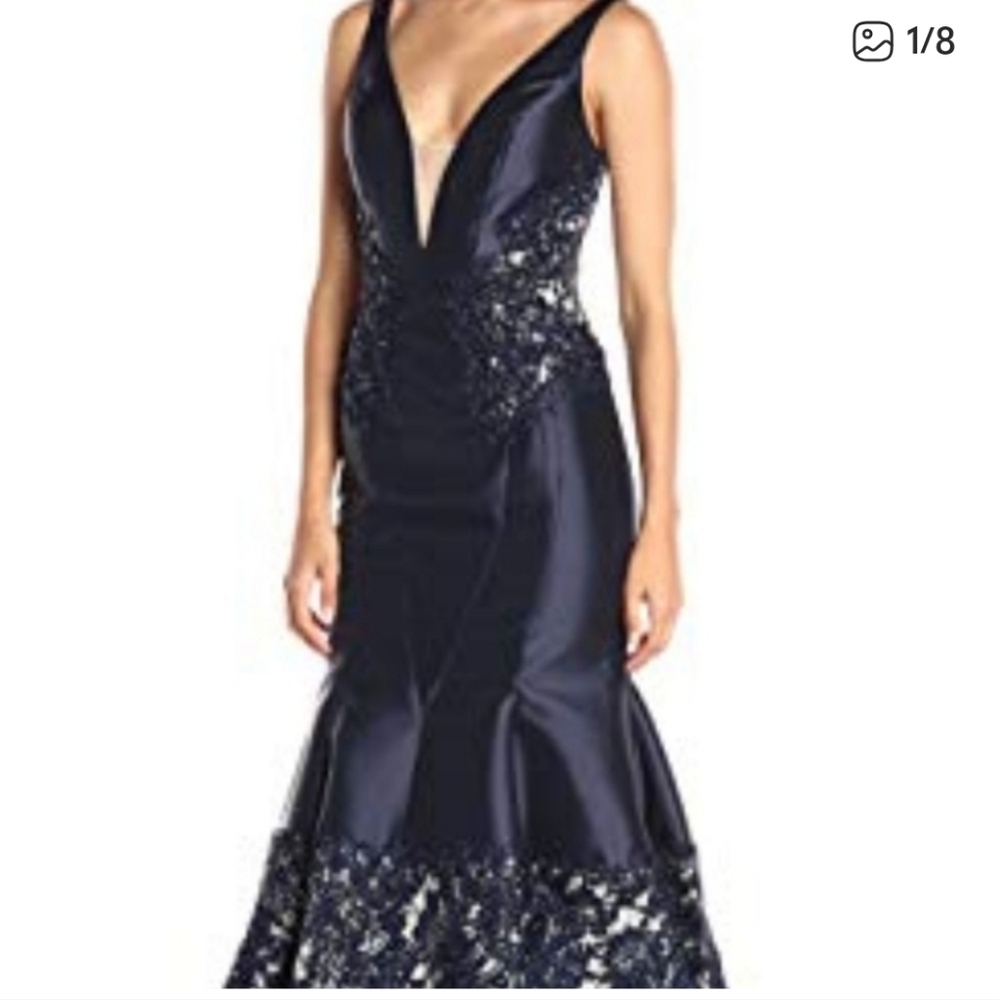 Mac Duggal Navy Lace Maxi Dress
